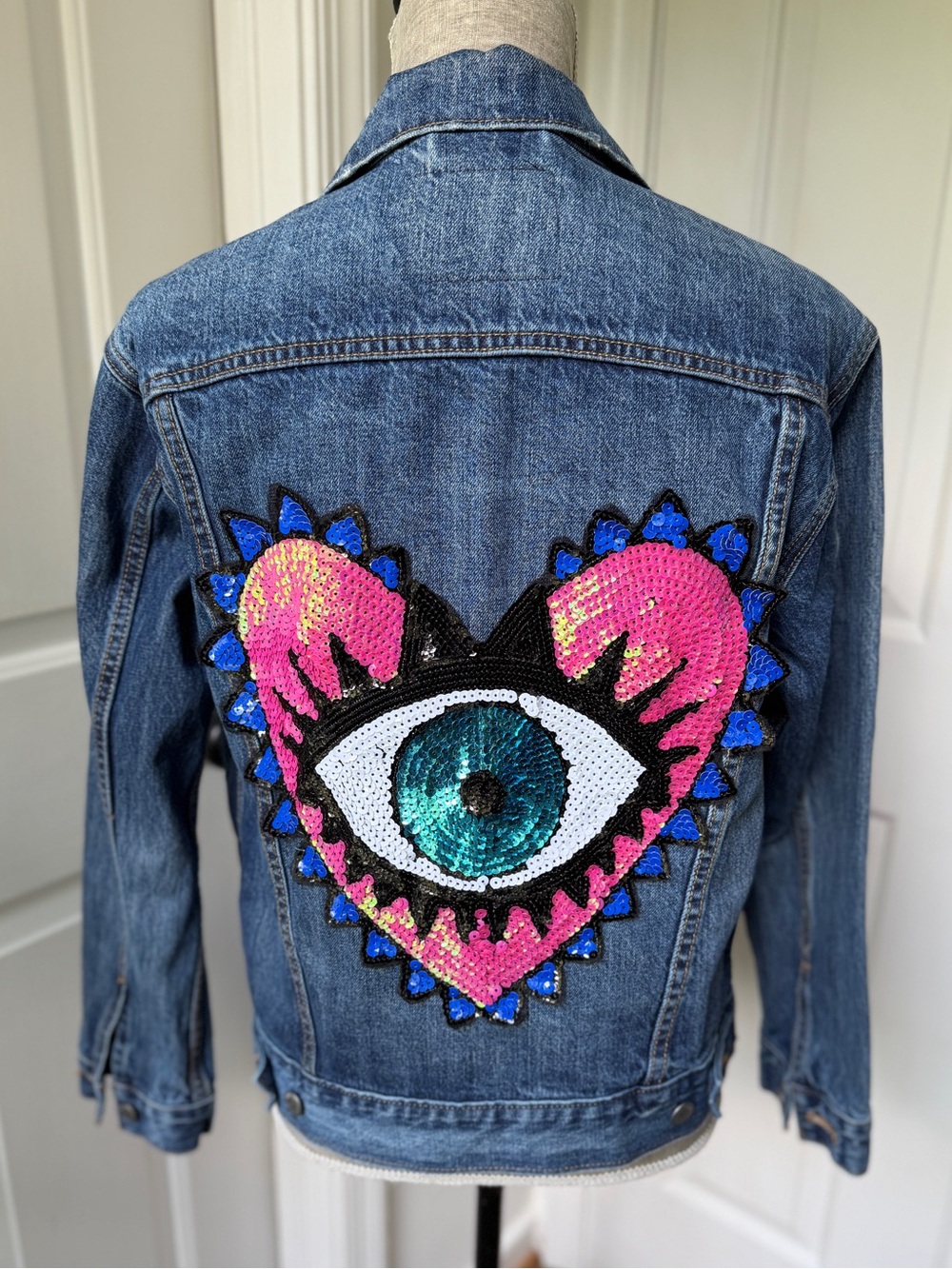Reworked Levi's Denim Applique Sequin Jacket Size Small